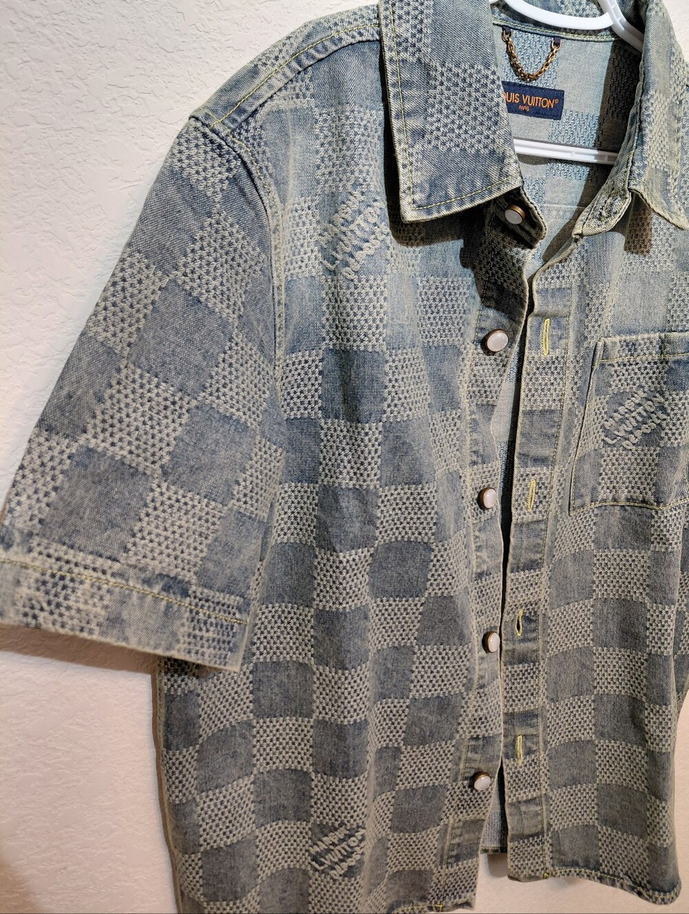 Vintage Louis Vuitton Blue Washed Damier Checker Short-Sleeve Denim Shirt US XL